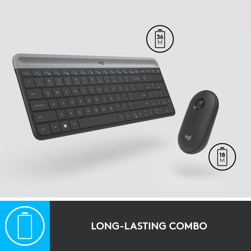 Logitech Slim Wireless Keyboard and Mouse Combo - Low Profile Compact Layout, Ultra Quiet Operation, 2.4 GHz USB Receiver with Plug and Play Connectivity, Long Battery Life, Graphite