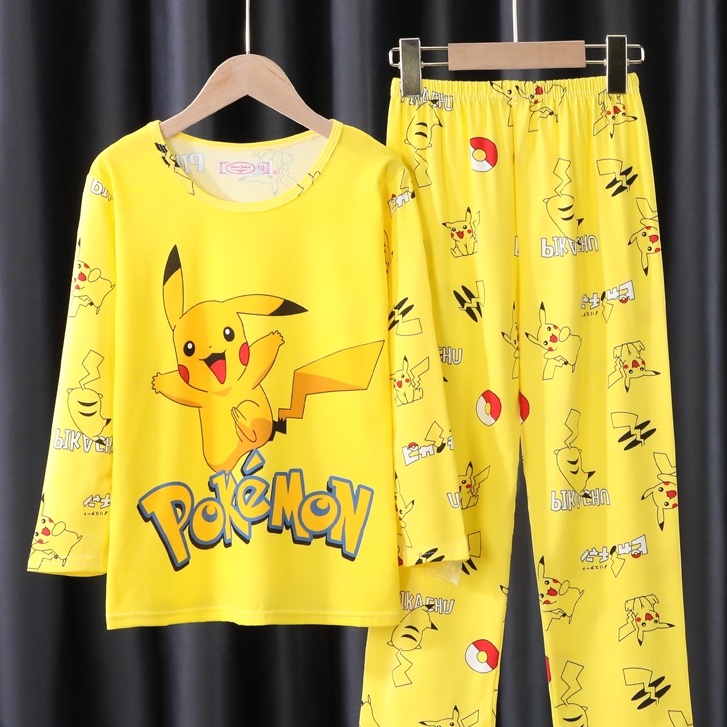 Summer Pajamas Kids Comfy Pokemon Cartoon Children Home Clothing Long Sleeve Round Neck Nightdress