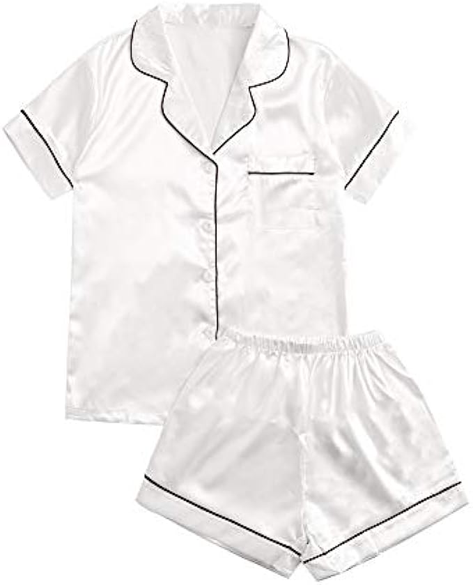 SweatyRocks Women&#039;s Short Sleeve Sleepwear Button Down Satin 2 Piece Pajama Set