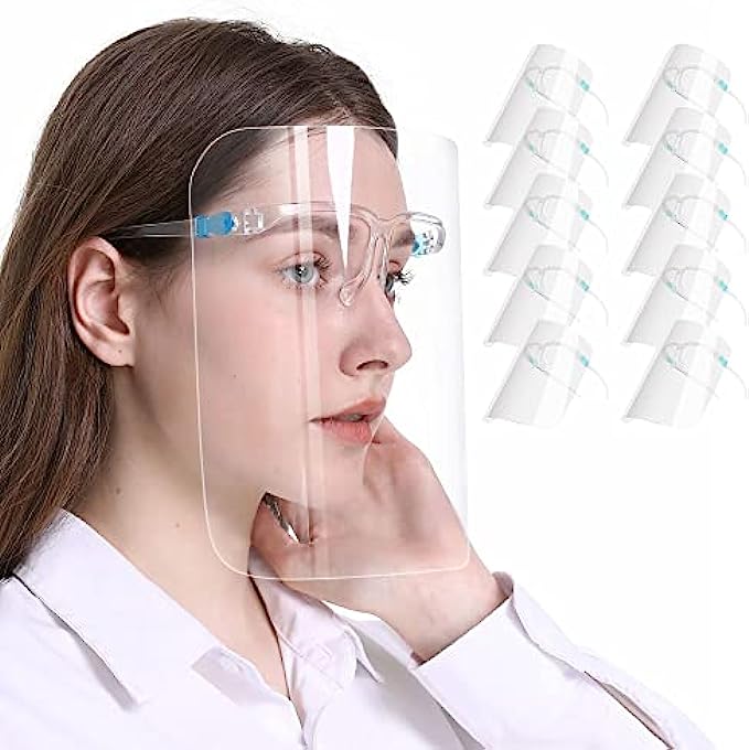 10 PCS Safety Face Shields with Glasses Frames - Anti-fog Ultra Clear Protective Full Face Shields to Protect Eyes, Nose, Mouth for Women and Men, Windproof Dustproof, Droplet Splash Guard Clear TOPMA