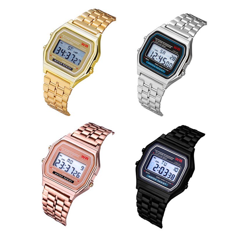 SS Elegant Mens Womens Retro Stainless Steel LCD Digital Sports Stopwatch Watch