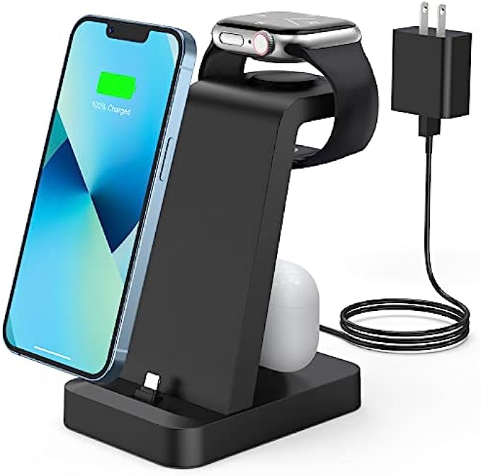 Charger Station for iPhone Multiple Devices - 3 in 1 Fast Wireless Charging Dock Stand for Apple Watch Series 7 6 SE 5 4 3 2 &amp; Airpods iPhone 13 12 11 Pro X Max XS XR 8 7 Plus 6s 6 with Adapter