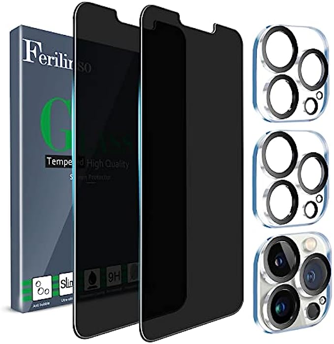 Ferilinso Compatible for iPhone 13 Pro Max Privacy Screen Protector, 2 Pack 9H Anti Spy Tempered Glass with 2 Pack Camera Lens Protector, Case Friendly, Bubble Free, 5G 6.7 Inch, Easy Installation
