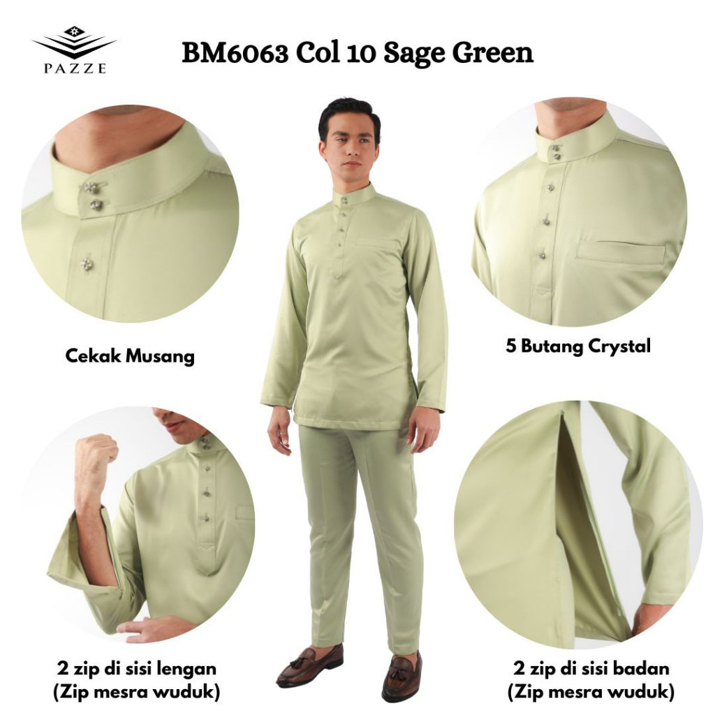 SAGE GREEN BAJU MELAYU SLIM FIT SATIN MATTE | SET TUNANG NIKAH DUAL ZIP | XS &gt; 2XL